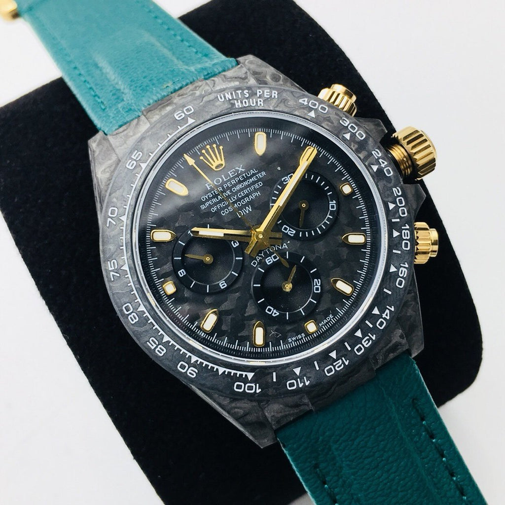 CLASSIC 40MM CUSTOM CARBON FIBER BLACK DIAL NAVY LEATHER STRAP WATCH