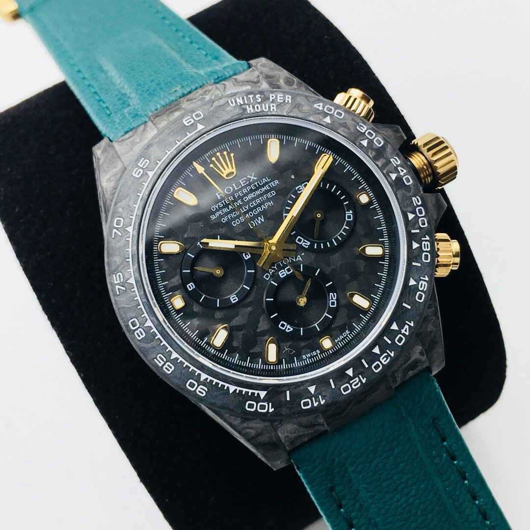 CLASSIC 40MM CUSTOM CARBON FIBER BLACK DIAL NAVY LEATHER STRAP WATCH