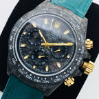 CLASSIC 40MM CUSTOM CARBON FIBER BLACK DIAL NAVY LEATHER STRAP WATCH