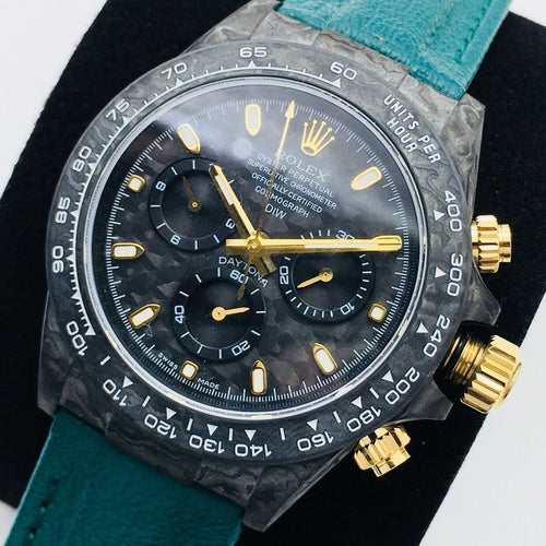 CLASSIC 40MM CUSTOM CARBON FIBER BLACK DIAL NAVY LEATHER STRAP WATCH