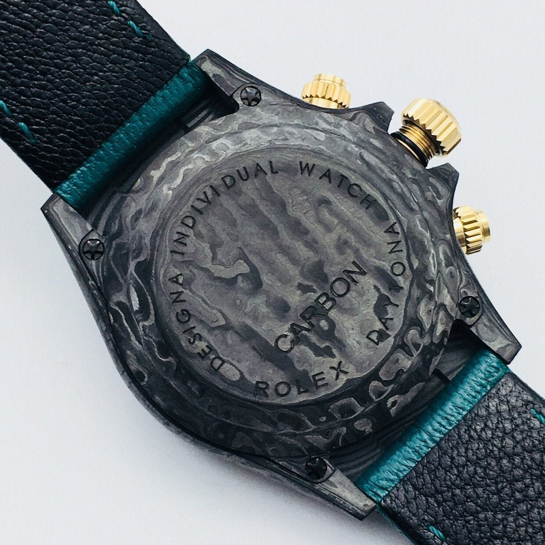 CLASSIC 40MM CUSTOM CARBON FIBER BLACK DIAL NAVY LEATHER STRAP WATCH