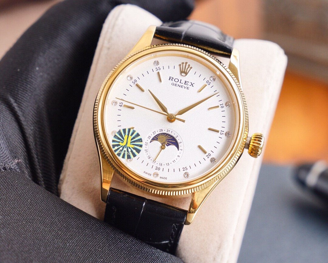 CLASSIC 41MM MOONPHASE GOLD-TONE CASE LEATHER STRAP WATCH