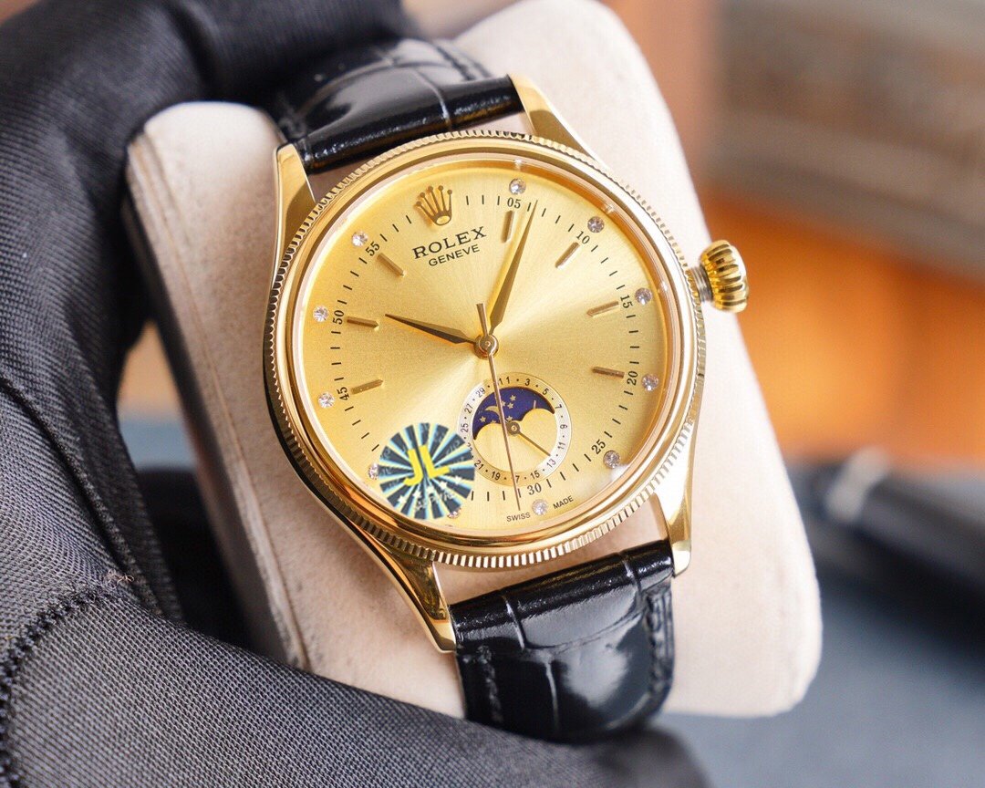 CLASSIC 41MM MOONPHASE GOLD-TONE CASE LEATHER STRAP WATCH