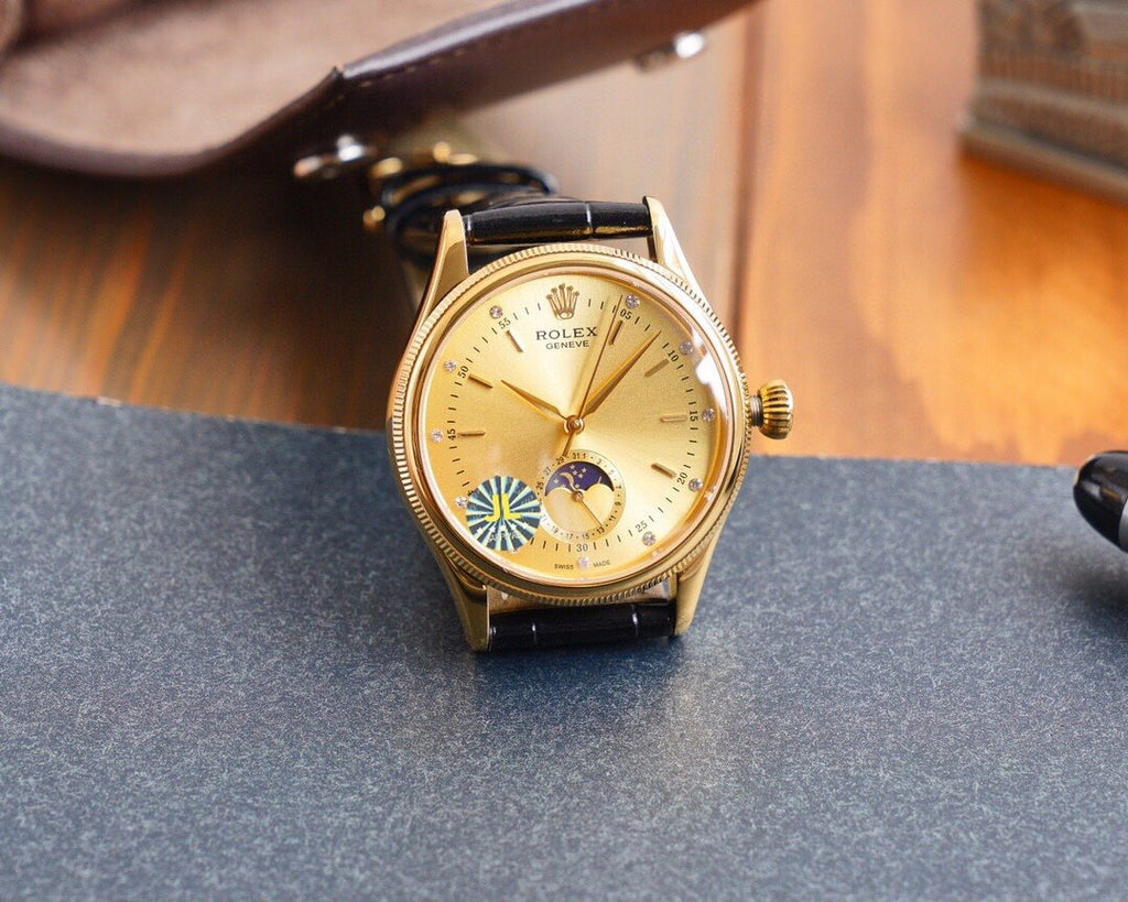CLASSIC 41MM MOONPHASE GOLD-TONE CASE LEATHER STRAP WATCH
