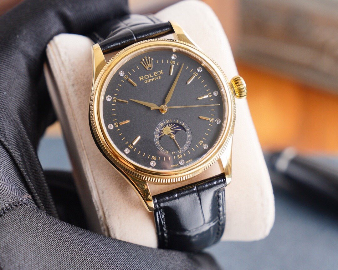 CLASSIC 41MM MOONPHASE GOLD-TONE CASE LEATHER STRAP WATCH