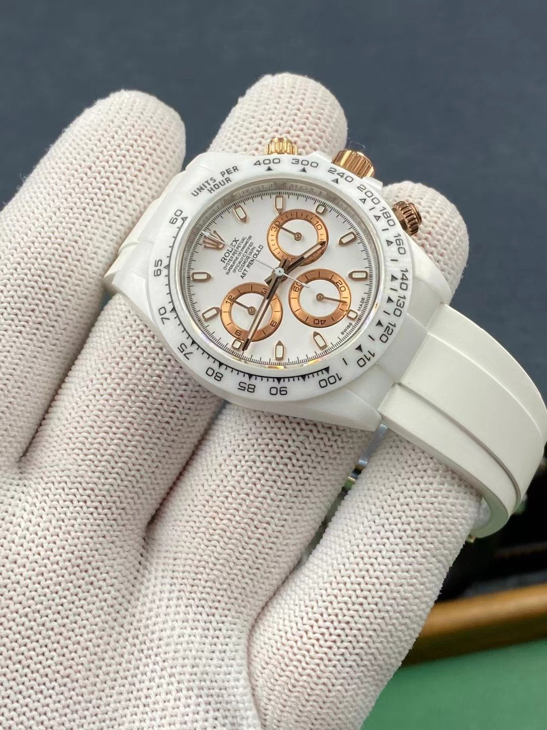 CLASSIC 40MM WHITE CERAMIC CASE YELLOW & WHITE DIAL CHRONOGRAPH WATCH