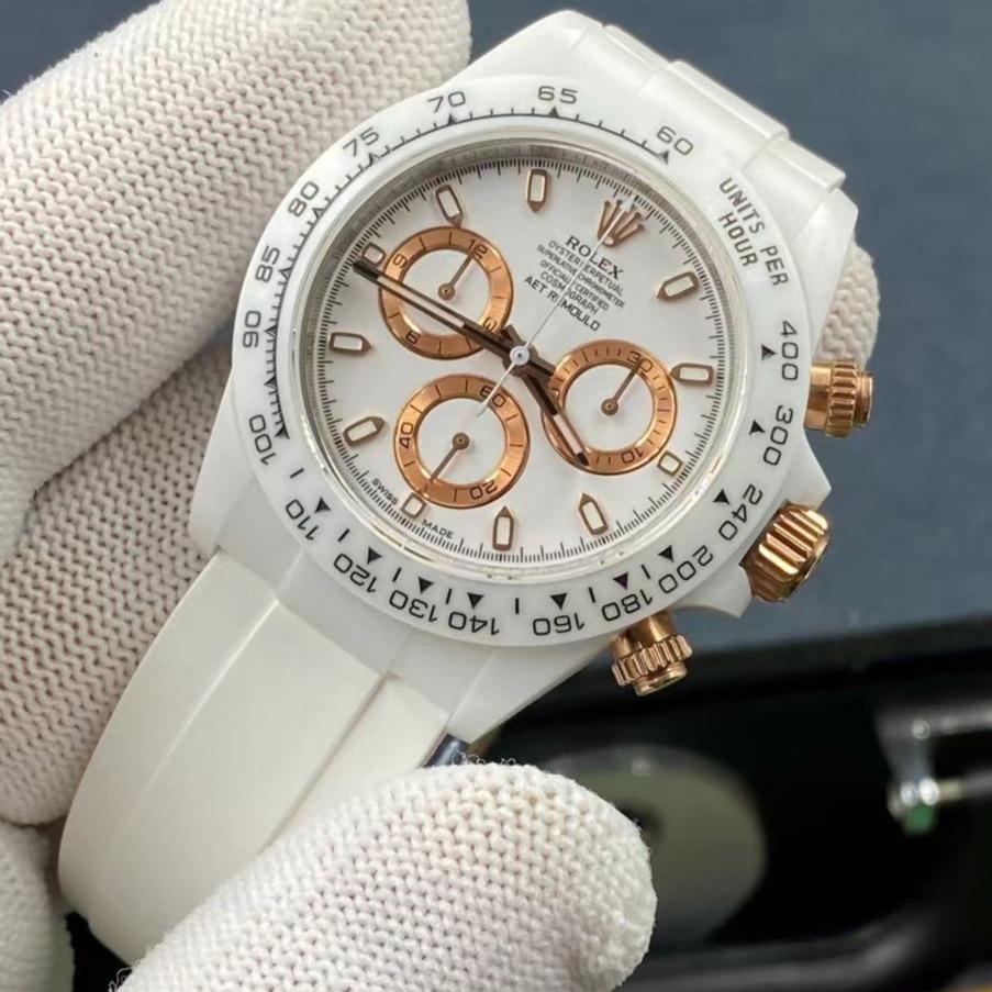 CLASSIC 40MM WHITE CERAMIC CASE YELLOW & WHITE DIAL CHRONOGRAPH WATCH