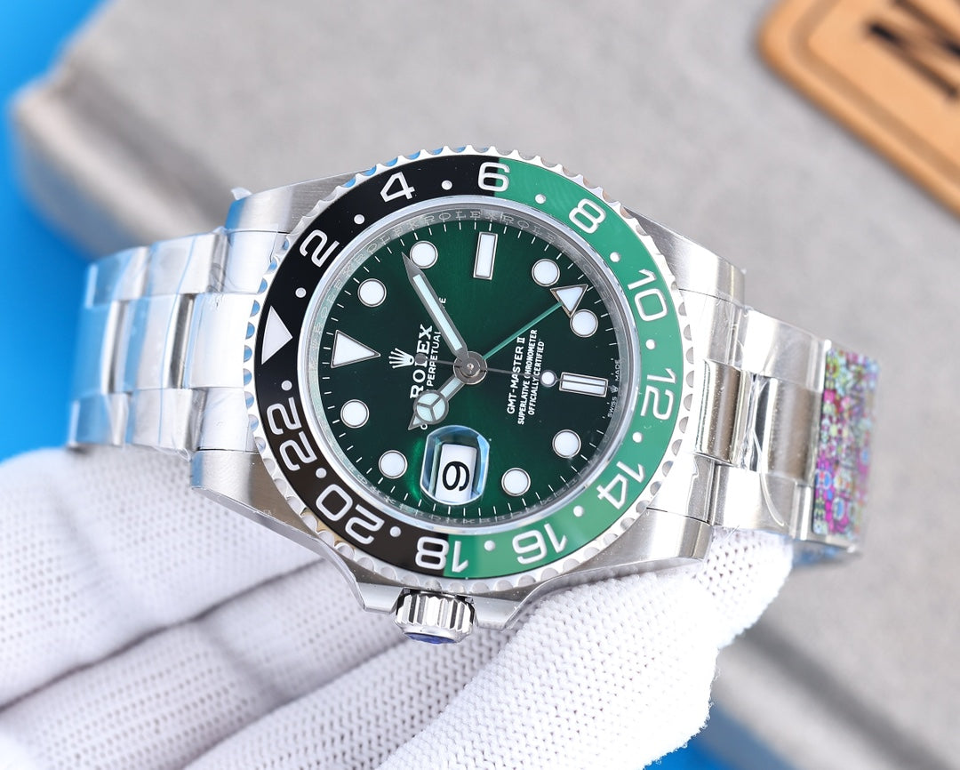 CLASSIC GMT GREEN & BLACK BEZEL GREEN DIAL STEEL BRACELET WATCH