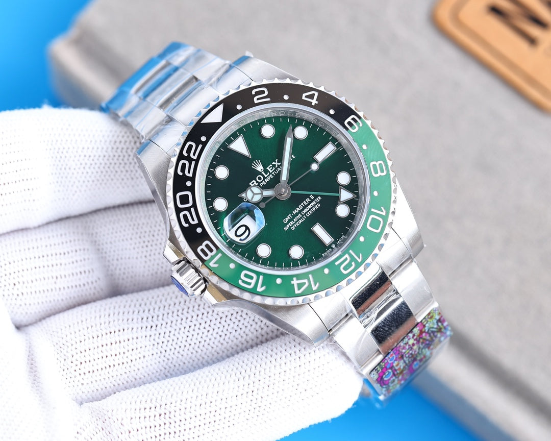 CLASSIC GMT GREEN & BLACK BEZEL GREEN DIAL STEEL BRACELET WATCH