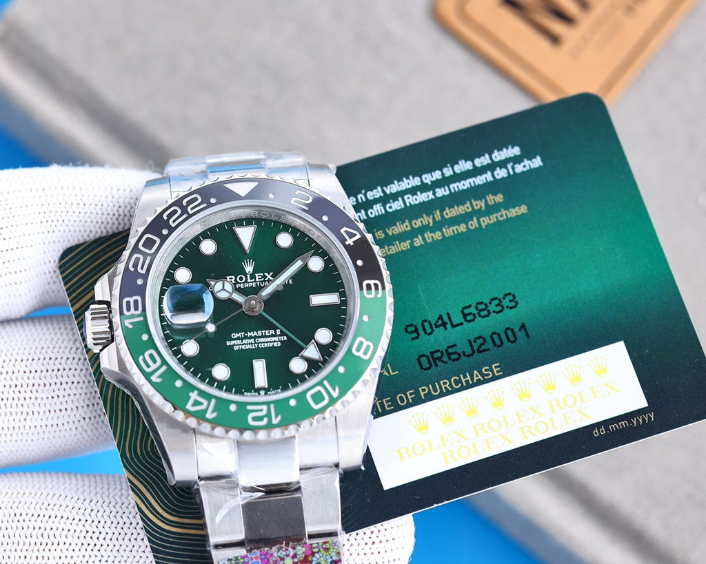 CLASSIC GMT GREEN & BLACK BEZEL GREEN DIAL STEEL BRACELET WATCH