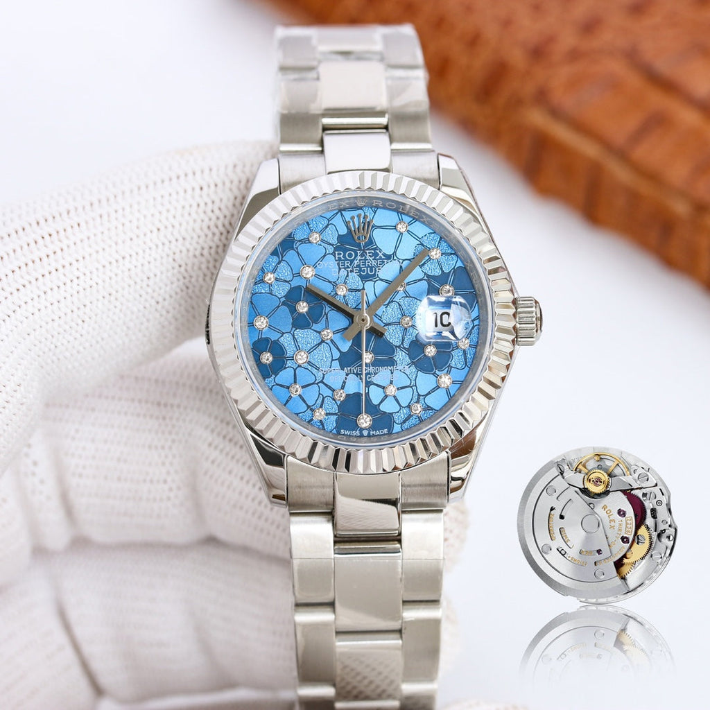 CLASSIC 31MM SILVER & BLUE FLORAL DIAL WATCH