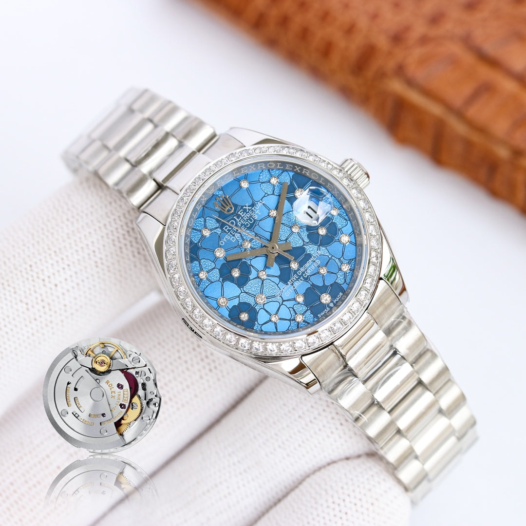 CLASSIC 31MM SILVER & BLUE FLORAL DIAL WATCH