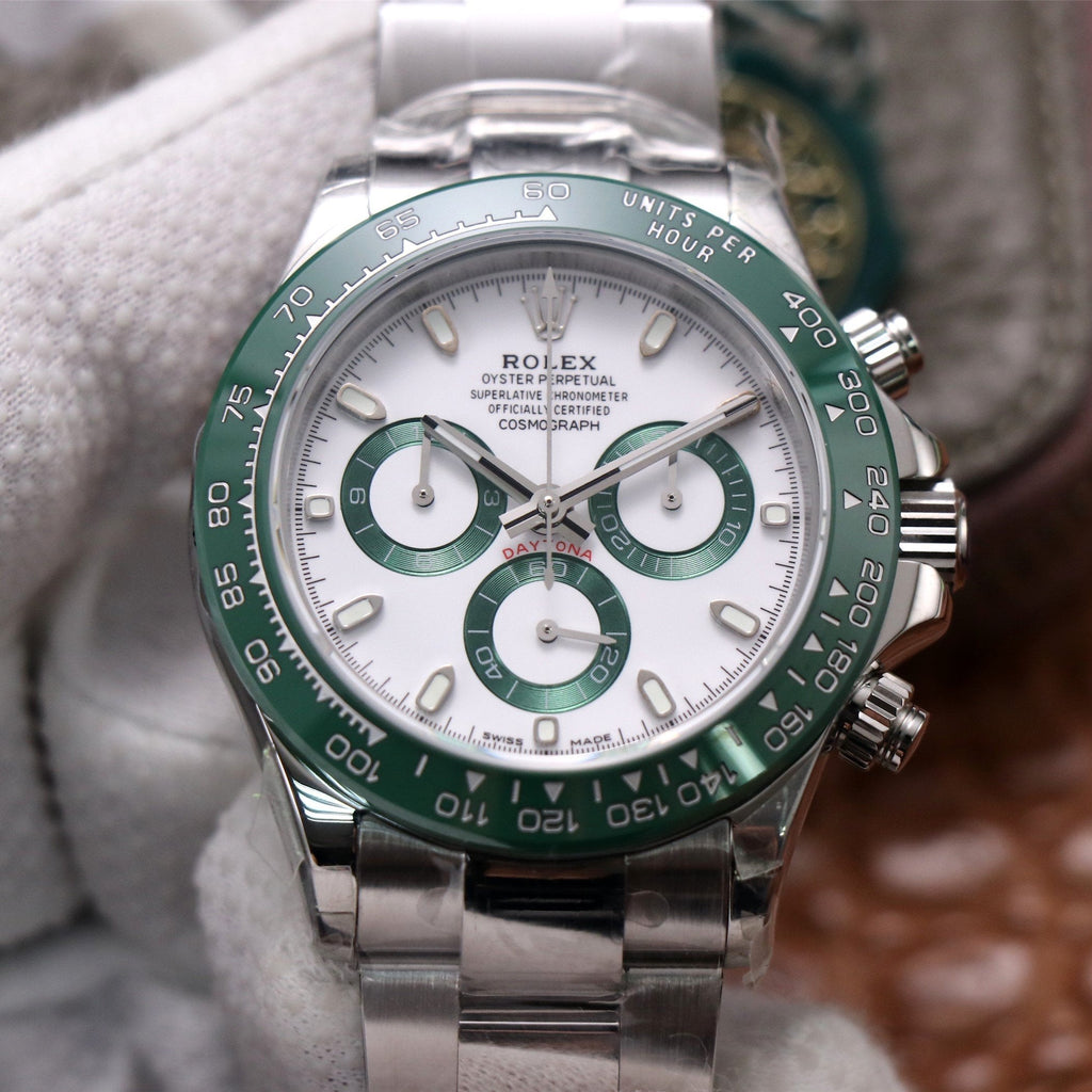 CLASSIC 40MM STAINLESS STEEL CASE GREEN BEZEL WHITE DIAL WATCH