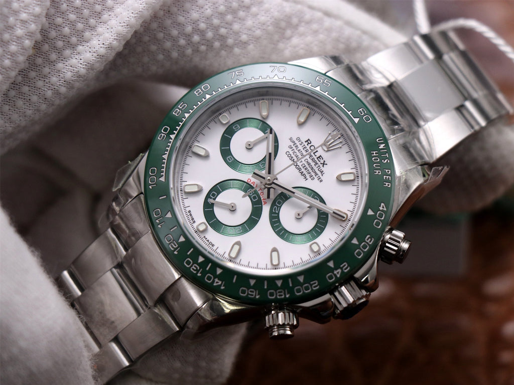 CLASSIC 40MM STAINLESS STEEL CASE GREEN BEZEL WHITE DIAL WATCH
