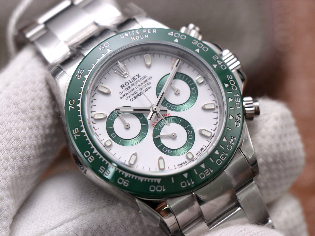 CLASSIC 40MM STAINLESS STEEL CASE GREEN BEZEL WHITE DIAL WATCH