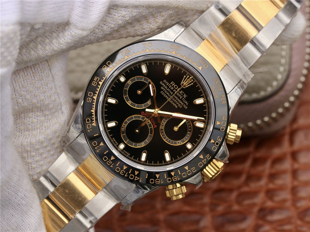 CLASSIC 40MM TWO-TONE GOLD-TONE & STAINLESS STEEL BLACK BEZEL BLACK DIAL WATCH