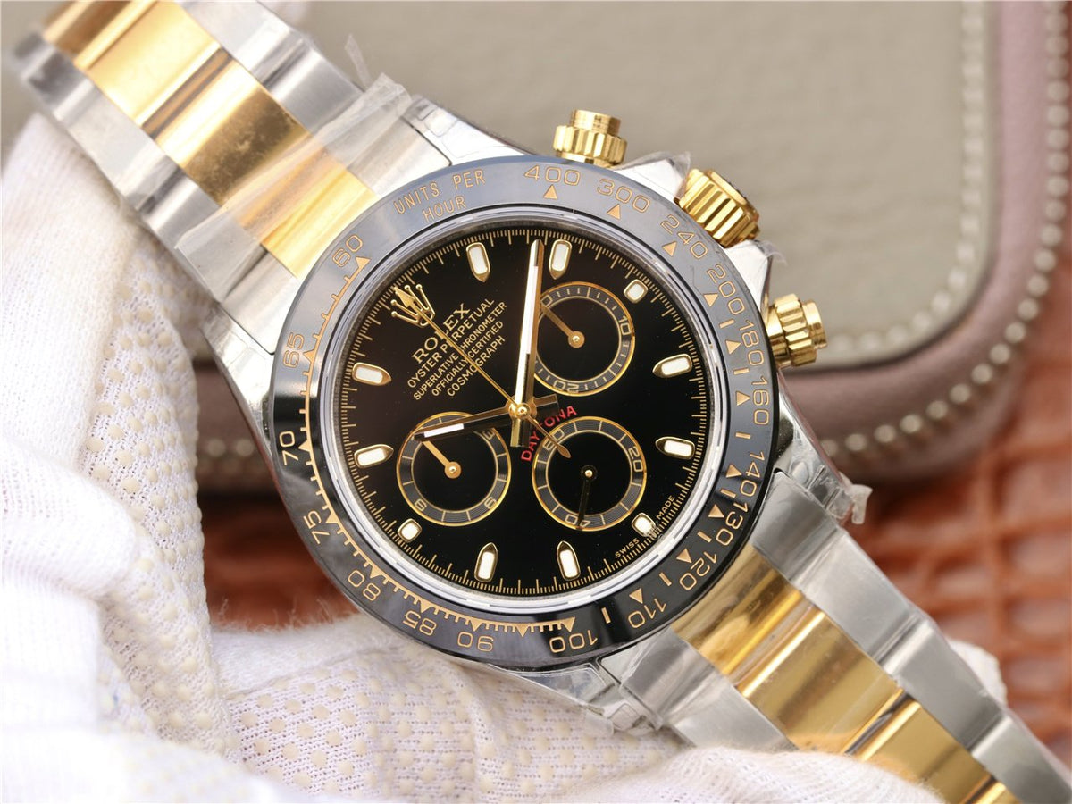 CLASSIC 40MM TWO-TONE GOLD-TONE & STAINLESS STEEL BLACK BEZEL BLACK DIAL WATCH