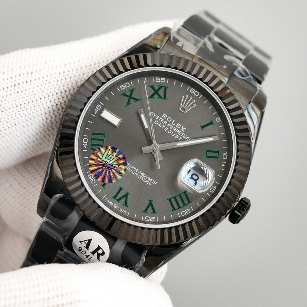 CLASSIC 41MM CUSTOM BLACK PVD CASE GREY DIAL GREEN ACCENT WATCH
