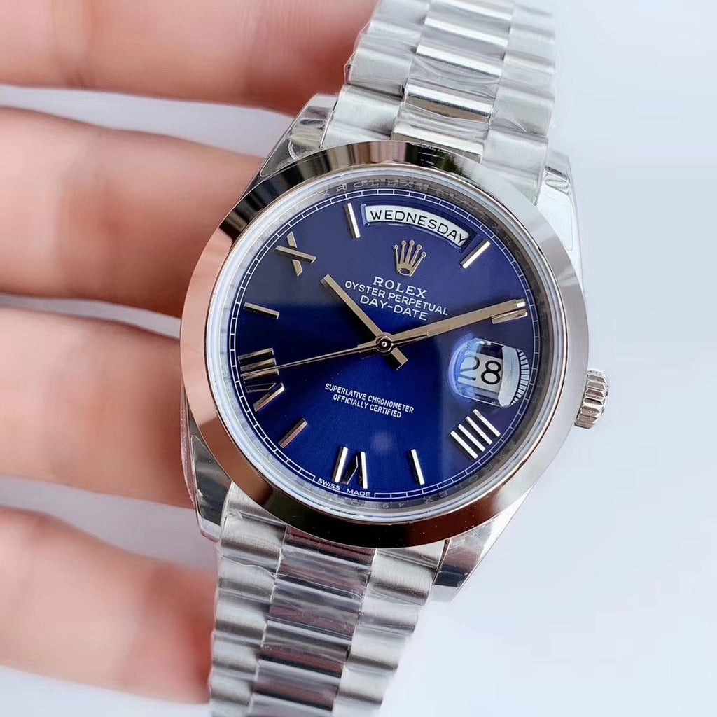 CLASSIC 41MM STAINLESS STEEL BLUE DIAL DAY-DATE WATCH