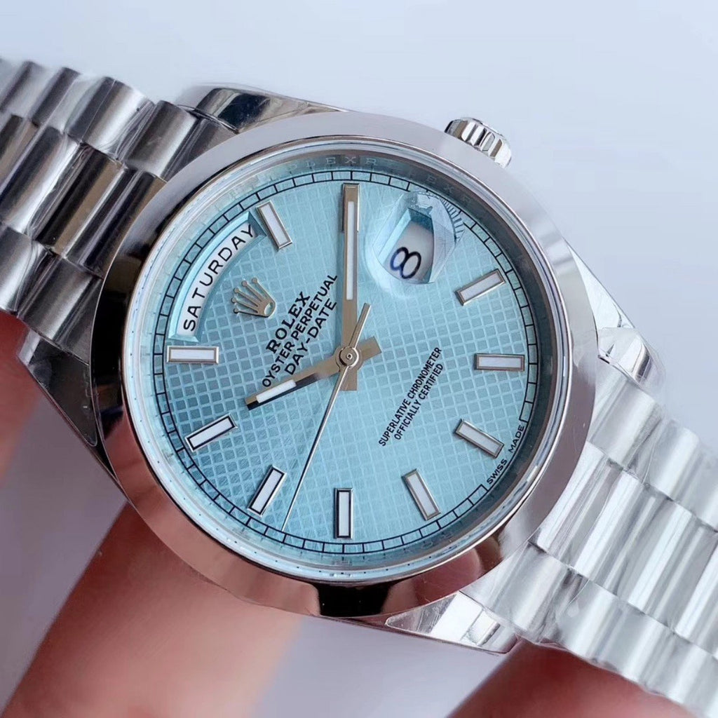 CLASSIC 41MM STAINLESS STEEL ICE BLUE DIAL DAY-DATE WATCH