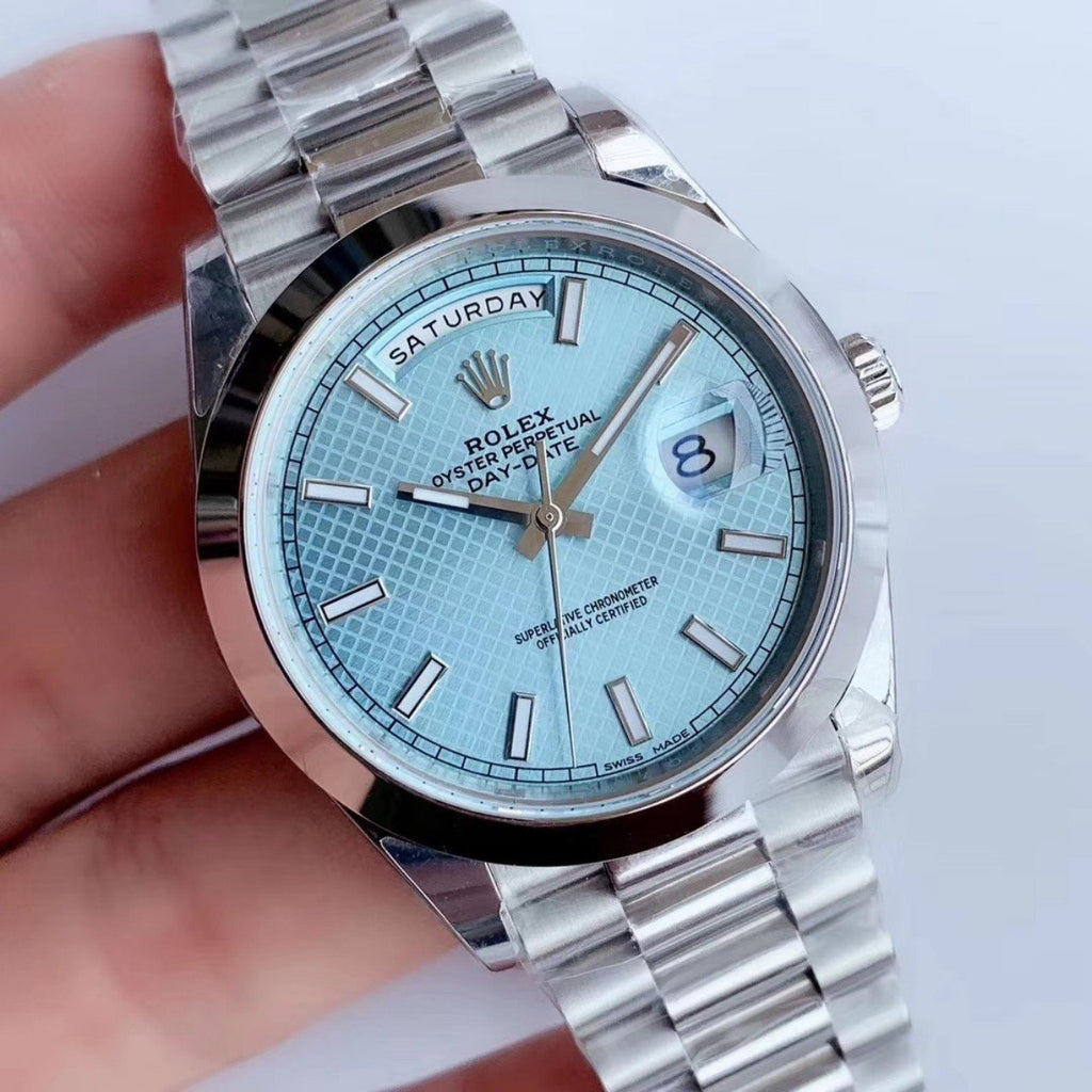 CLASSIC 41MM STAINLESS STEEL ICE BLUE DIAL DAY-DATE WATCH