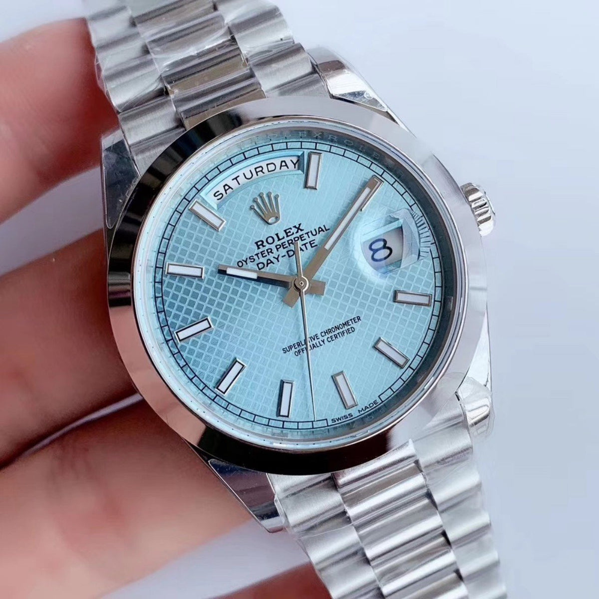 CLASSIC 41MM STAINLESS STEEL ICE BLUE DIAL DAY-DATE WATCH