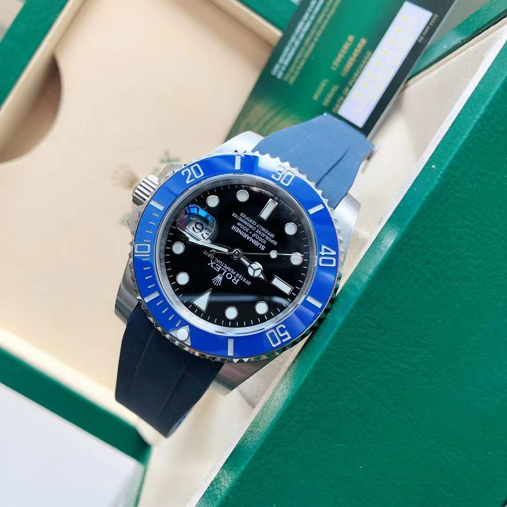 CLASSIC DATE 41MM BLUE BEZEL BLACK DIAL RUBBER STRAP DIVE WATCH
